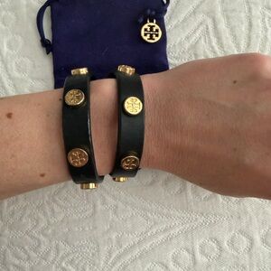 Tory Burch Black Leather Double-Wrap Bracelet with Gold Logo Studs